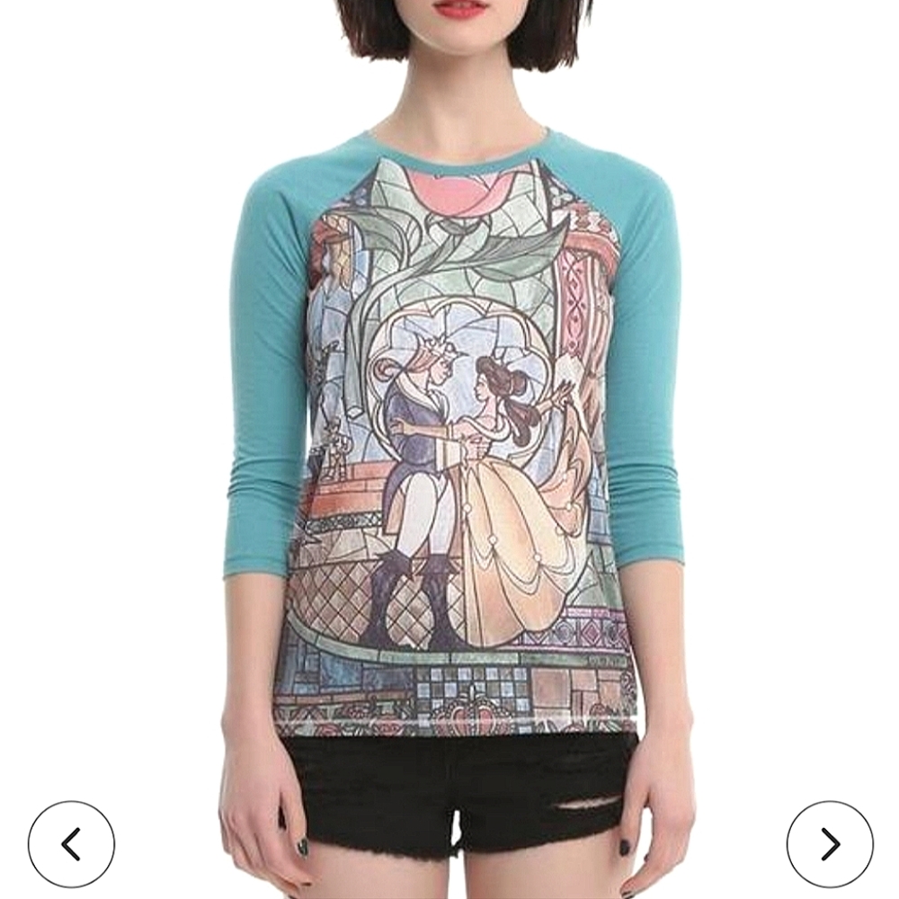 Disney Hot Topic Beauty and the Beast stained glass print top shirt M teal white